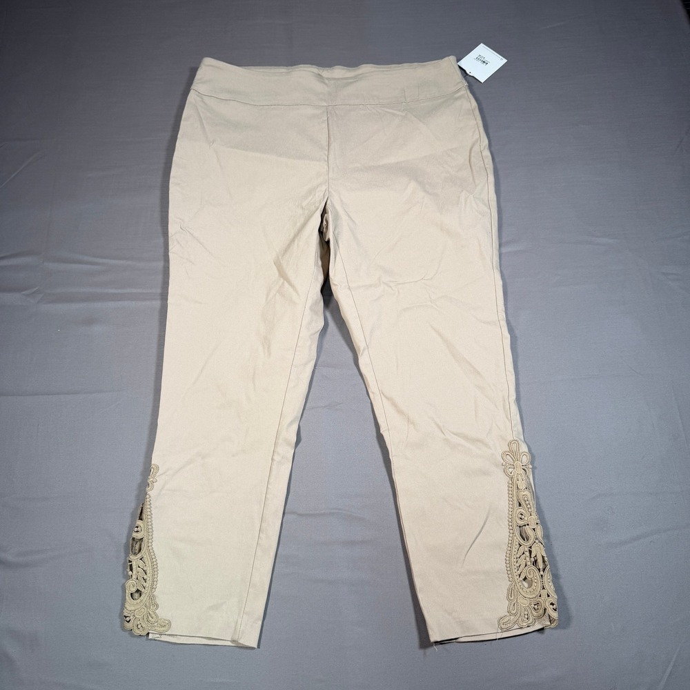 Kate Park Tan Lace Hem Pull On Cropped Pants Khaki Petite XL PXL NEW